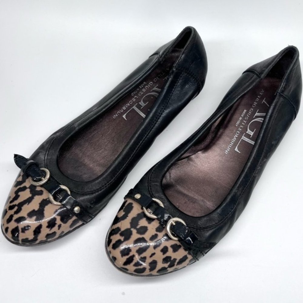 AGL Black Leather Cap Toe Buckle Ballet Flats Leopard Animal Print Toe